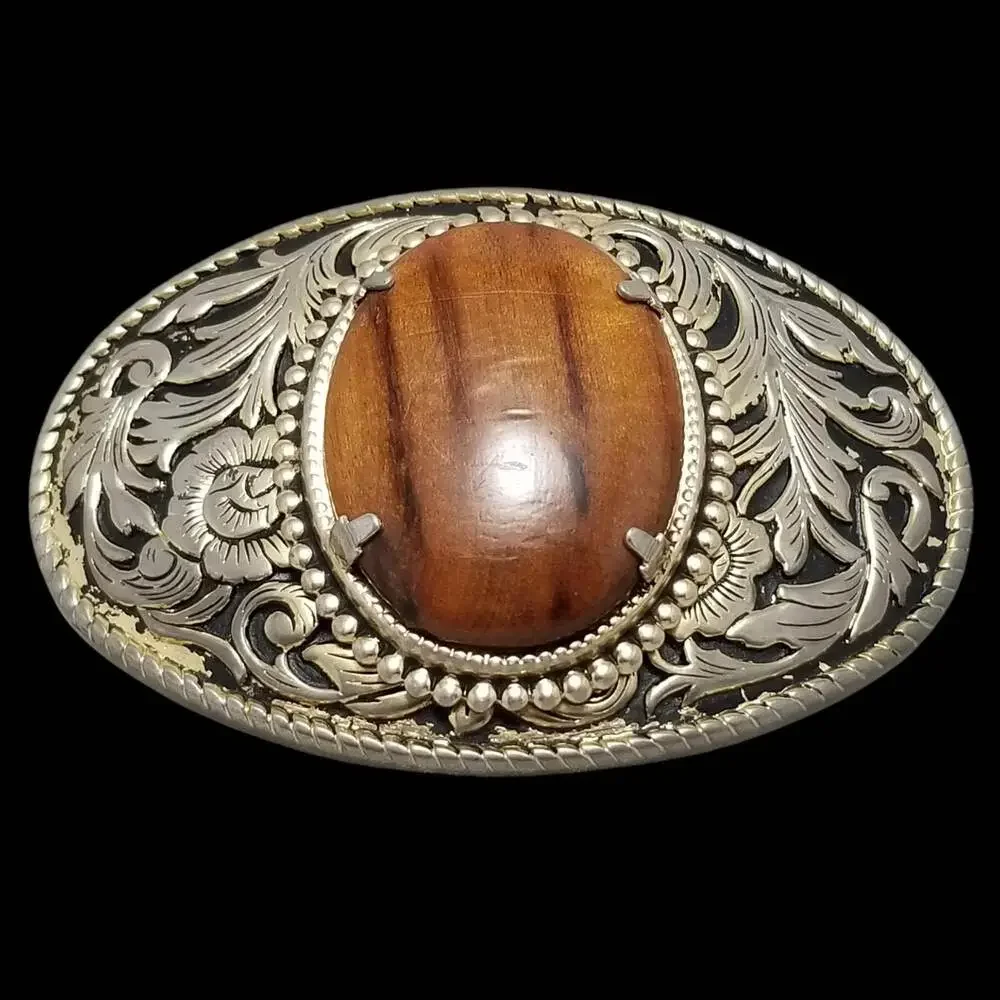 Vintage Belt Buckle Filigree Wood Center Western Rope Edge Gold And‎ Black Color